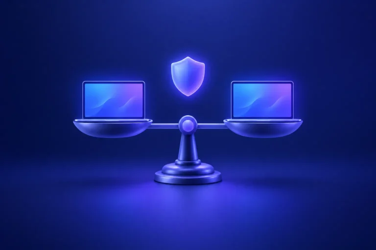 Waga z dwoma laptopami na szalkach i tarczą pośrodku – porównanie AnyDesk i TeamViewer