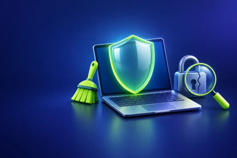 Laptop z tarczą ochronną, miotełka i lupa nad pękniętą kłódką – bezpieczeństwo programu CCleaner