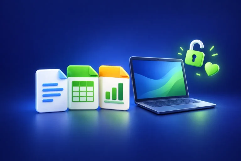 Trzy dokumenty (tekst, arkusz, prezentacja) obok laptopa i otwarta kłódka – darmowy pakiet LibreOffice