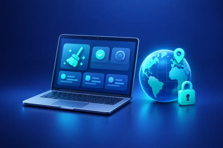 Laptop z panelem narzędzia do czyszczenia systemu obok globusa z kłódką – symbol ograniczeń regionalnych Microsoft PC Manager