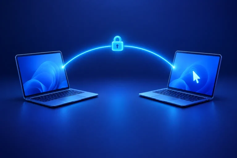 Dwa laptopy połączone świetlnym łukiem z kłódką – program do zdalnego pulpitu